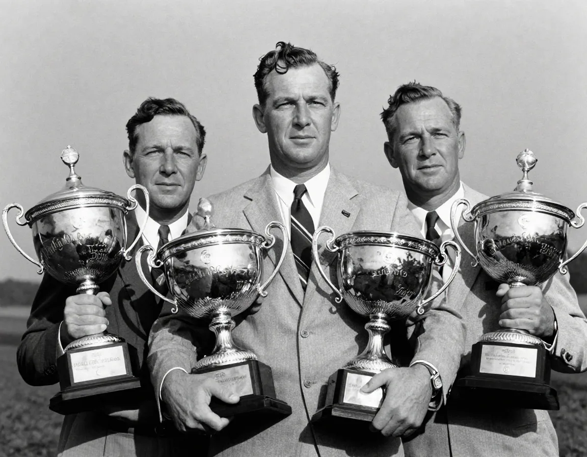 Bobby jones holding all four major championship trophies in 1930