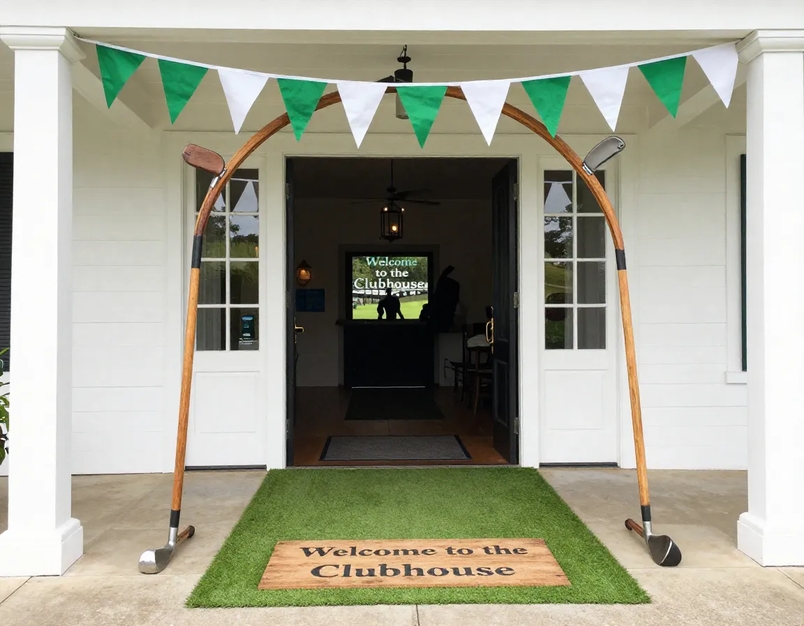 Golf club archway entrance with turf mat and welcome sign
