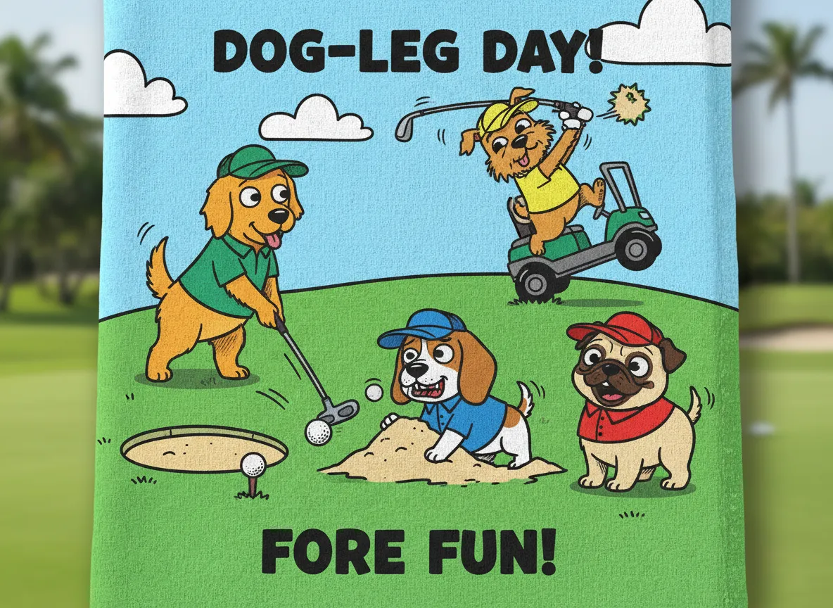 Animal themed golf humor towel dogs playing golf