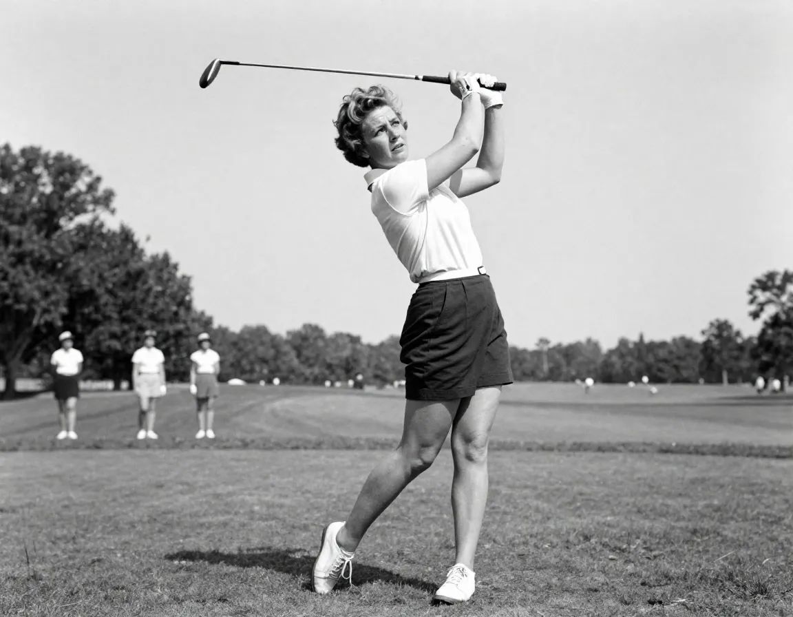 Babe didrikson zaharias in athletic pose with mid century golf clubs