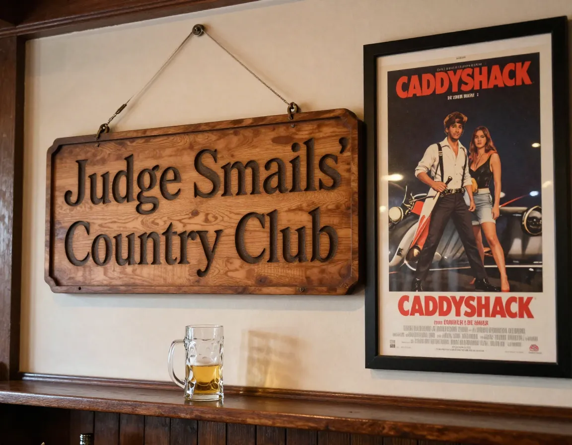 Judge smails country club bar sign with vintage movie poster