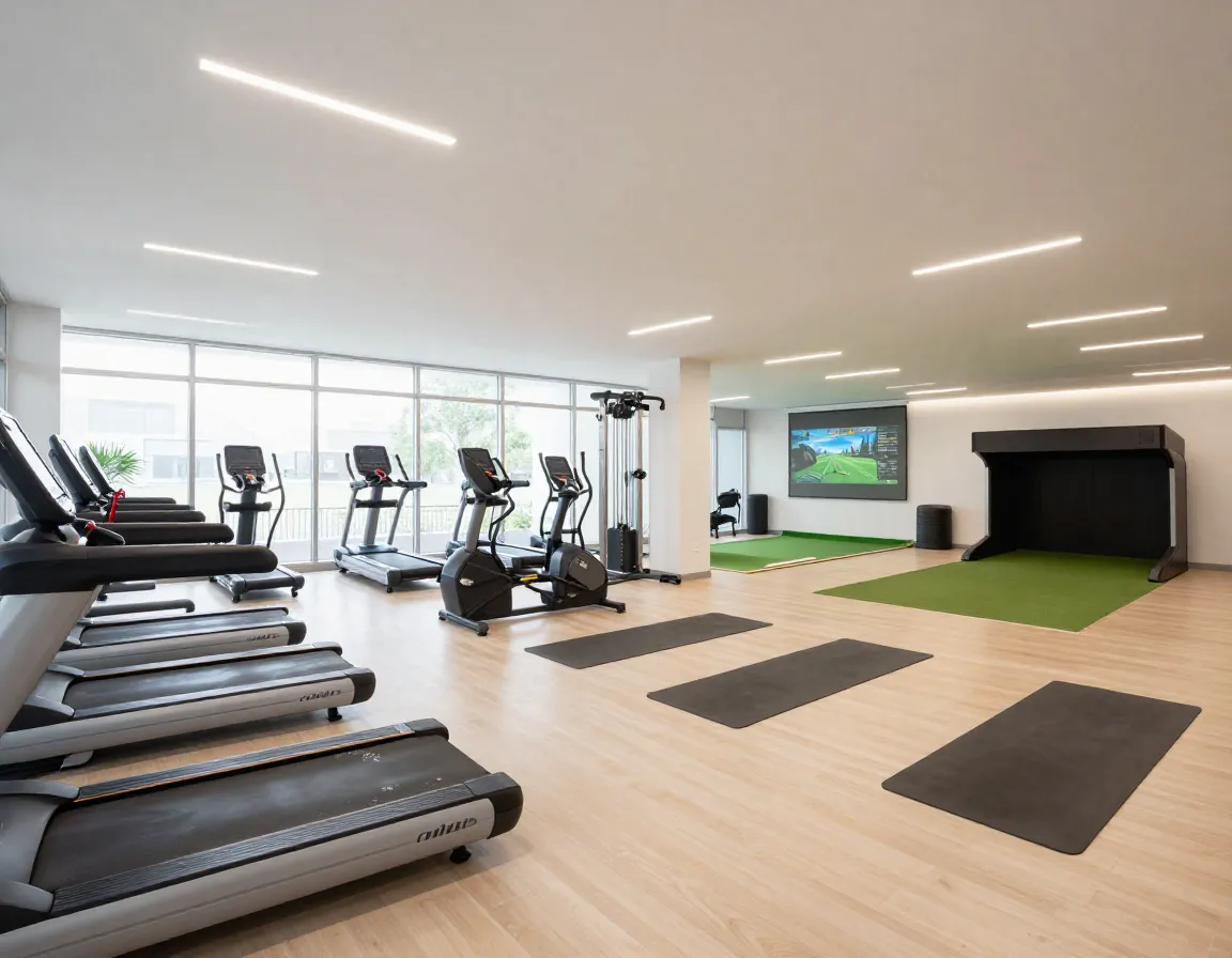 State of the art fitness center with golf simulator and cardio equipment