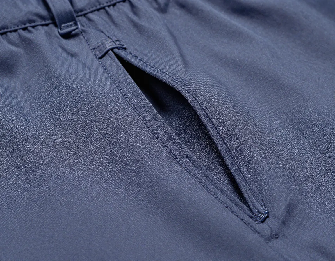 Detailed close up of advanced stretch fabric with hidden pocket