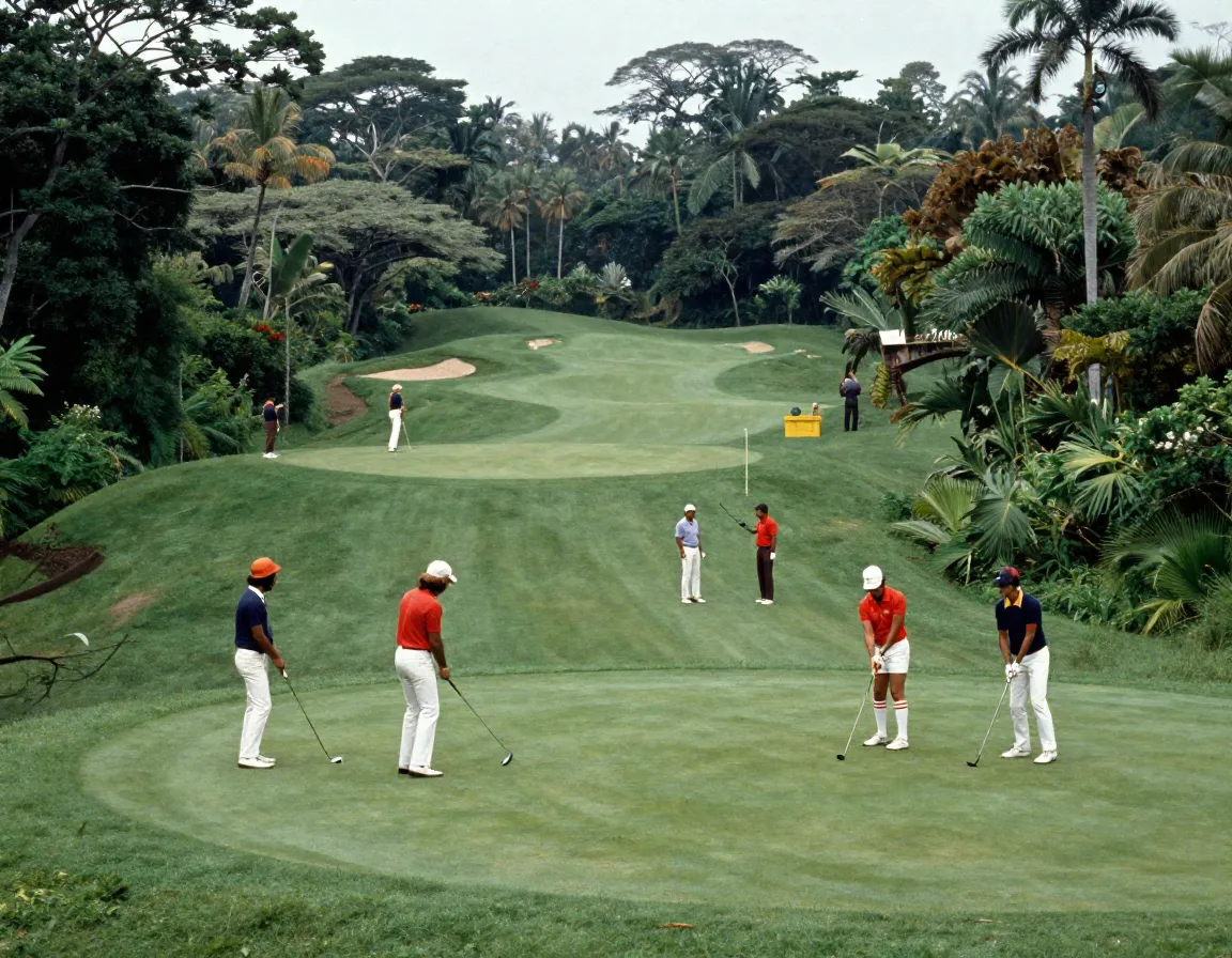 International golf tournament in a jungle landscape with diverse players