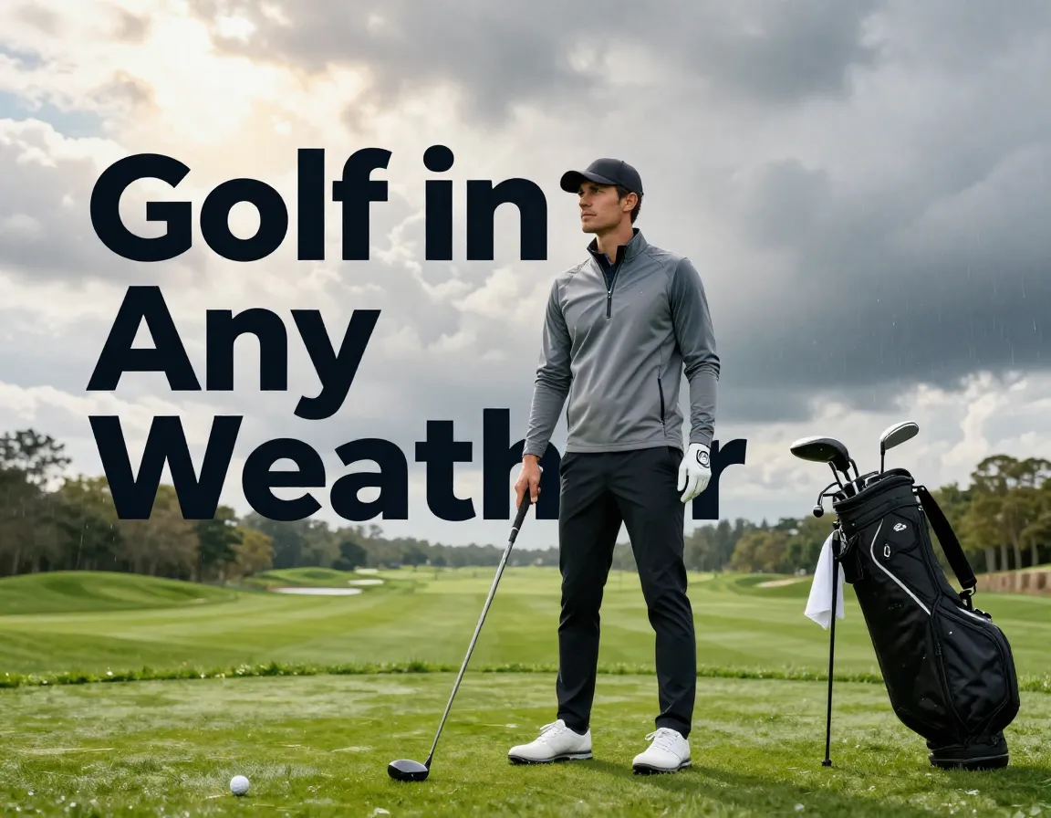 Golfer layered outfit tee box dynamic sky weather ready confident