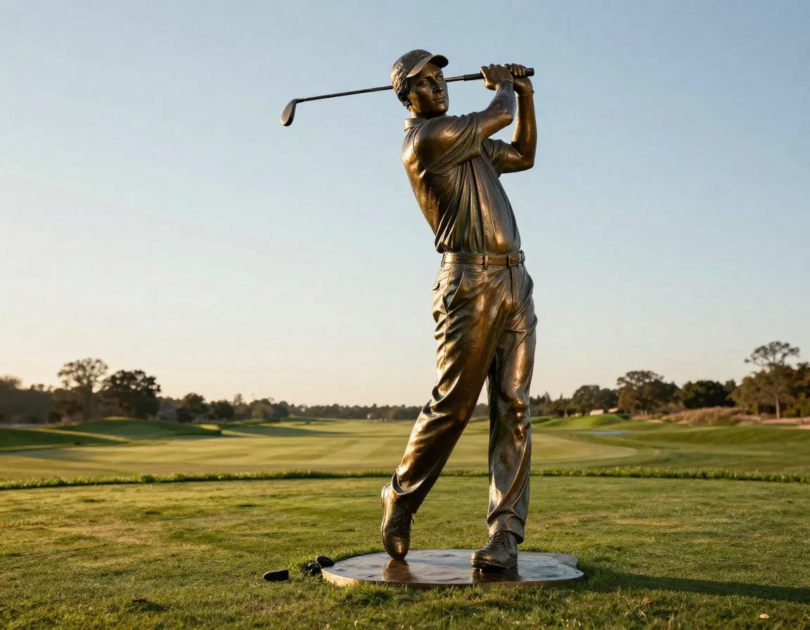 Life size bronze golfer in full swing on tee box near green