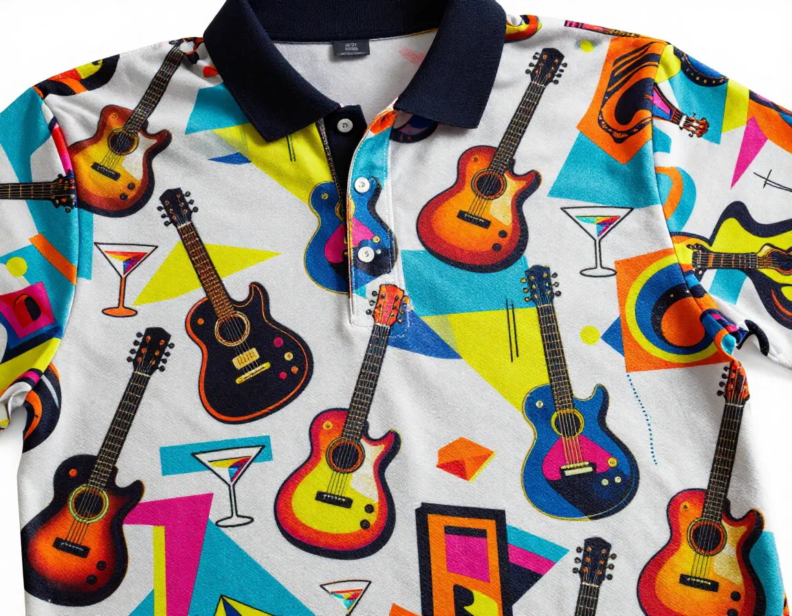 Bold all over print polo guitars martini geometric pattern design