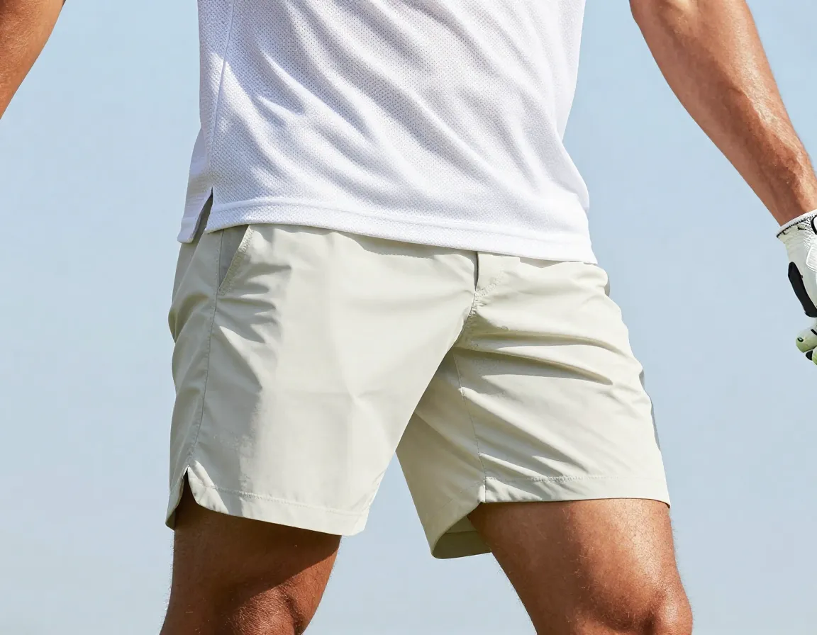Golfer in sleeveless mesh polo on hot day with short shorts and cooling gear