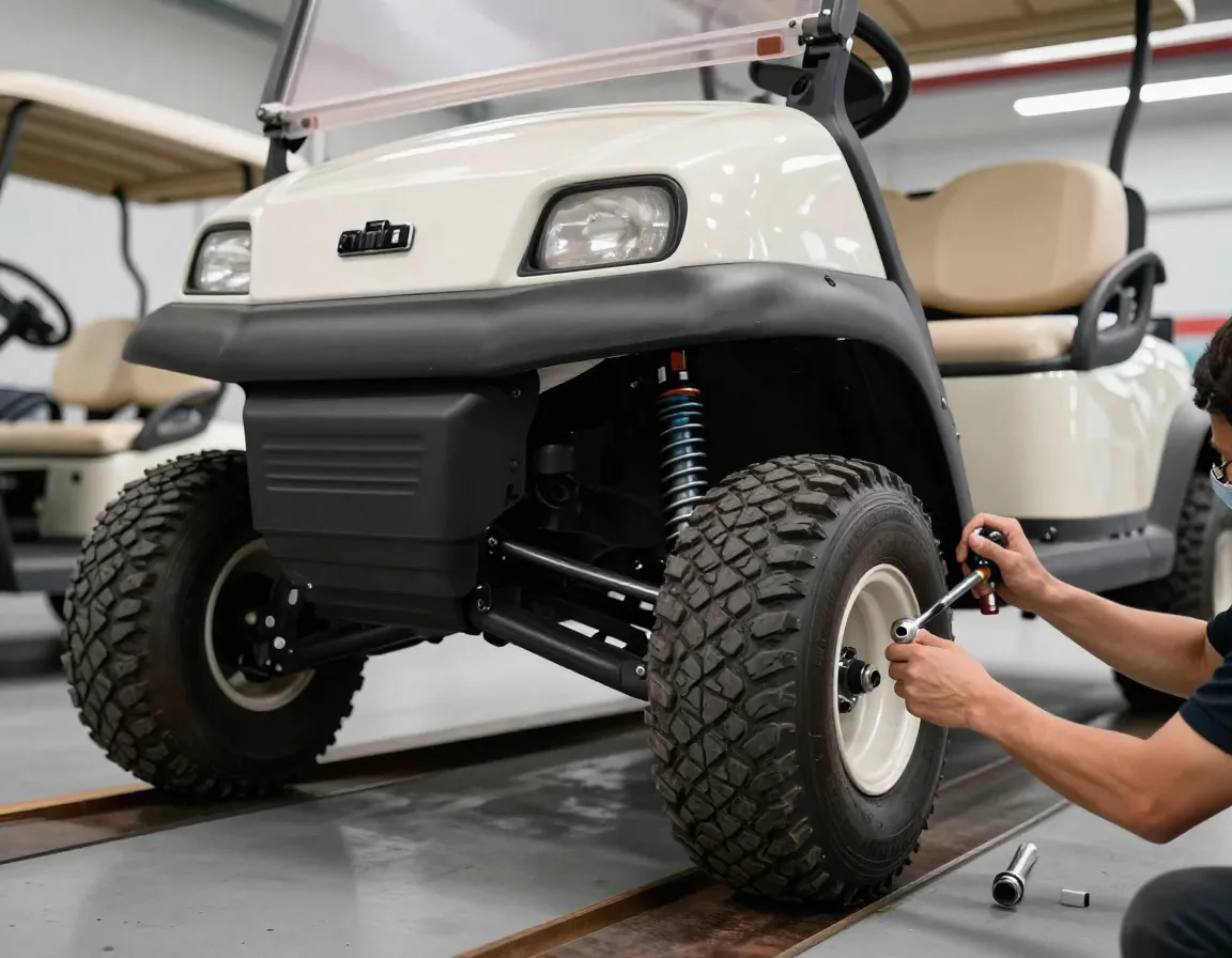 Lift kit installed on golf cart for superior ground clearance and suspension