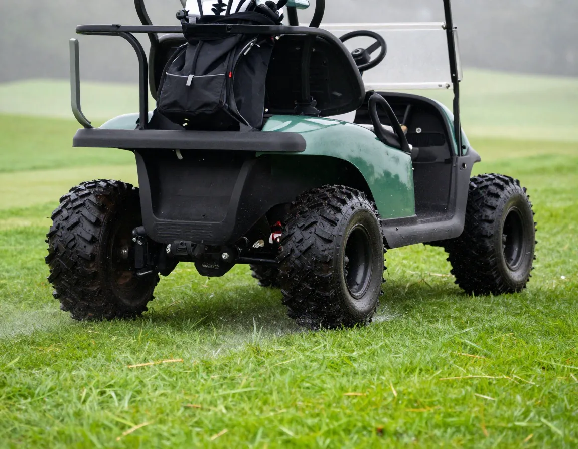 All terrain tires on lifted golf cart navigating a wet grassy fairway