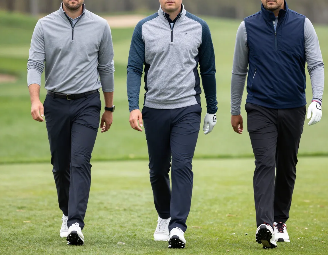 Golfer in quarter zip and hybrid vest over moisture wicking base layer on fairway