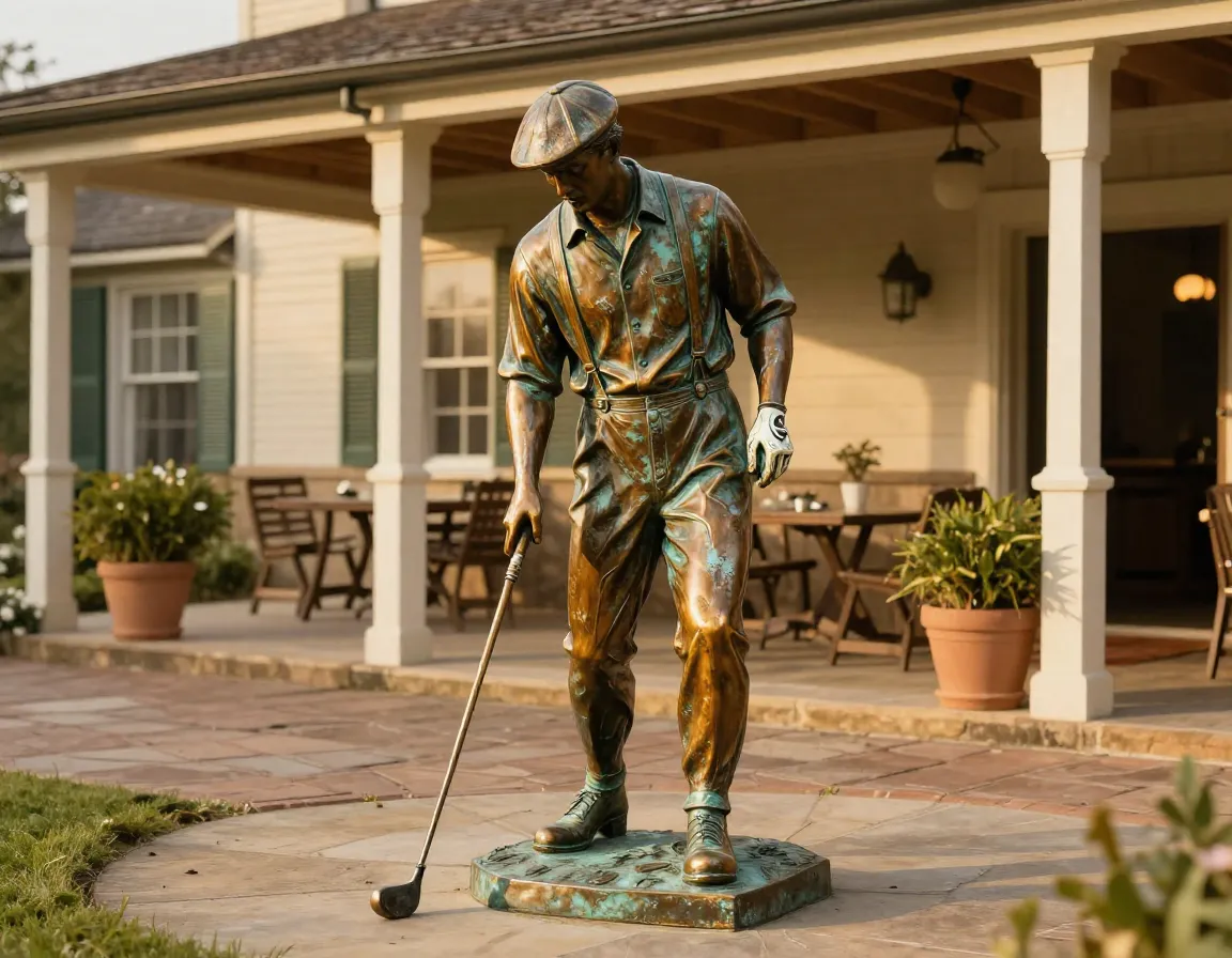 Vintage golfer in knickers on clubhouse patio with classic clubs