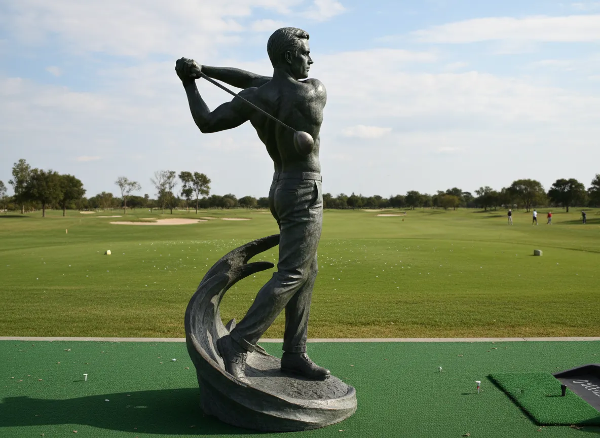 Dynamic bronze golfer statue at peak drive rotation on range
