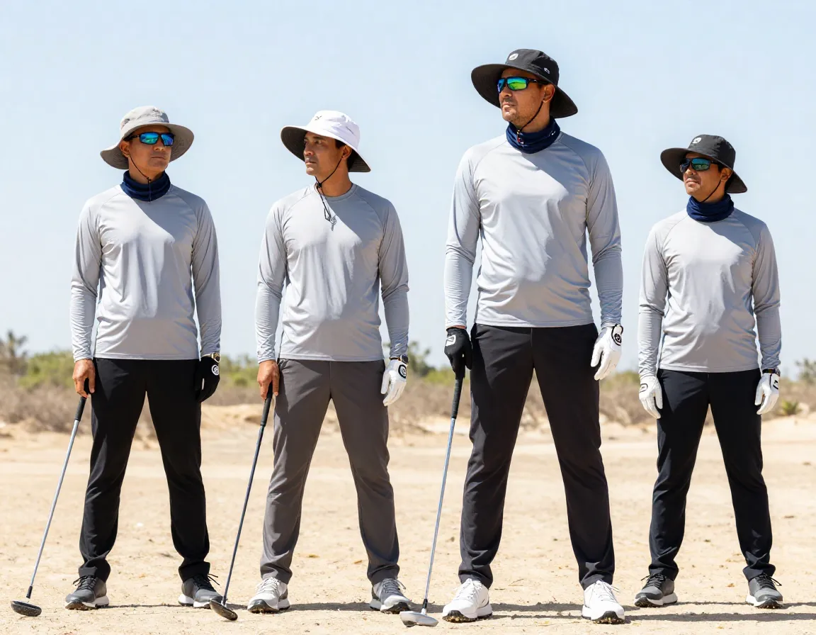 Golfer in long sleeve uv protective shirt and pants with full sun accessories
