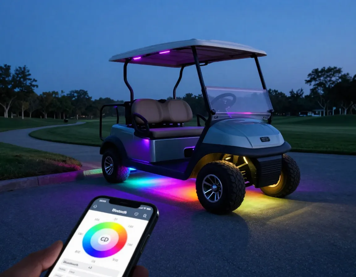 Led underglow lighting system with bluetooth controlled color customization at dusk