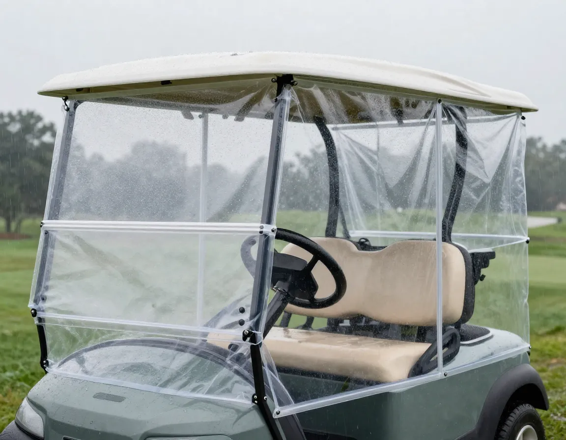 Weather enclosure system with clear vinyl panels on golf cart in light rain