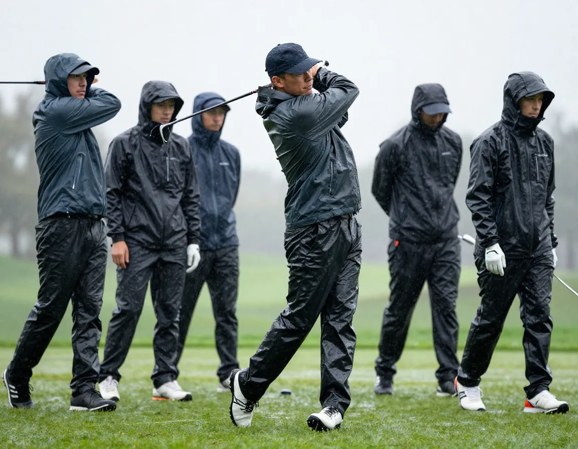 Golfer in waterproof gore tex jacket and rain pants on wet golf course