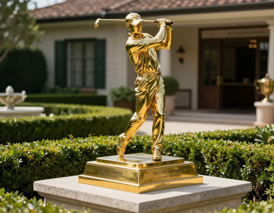 Luxurious brass golf statue with engraving on formal garden pedestal