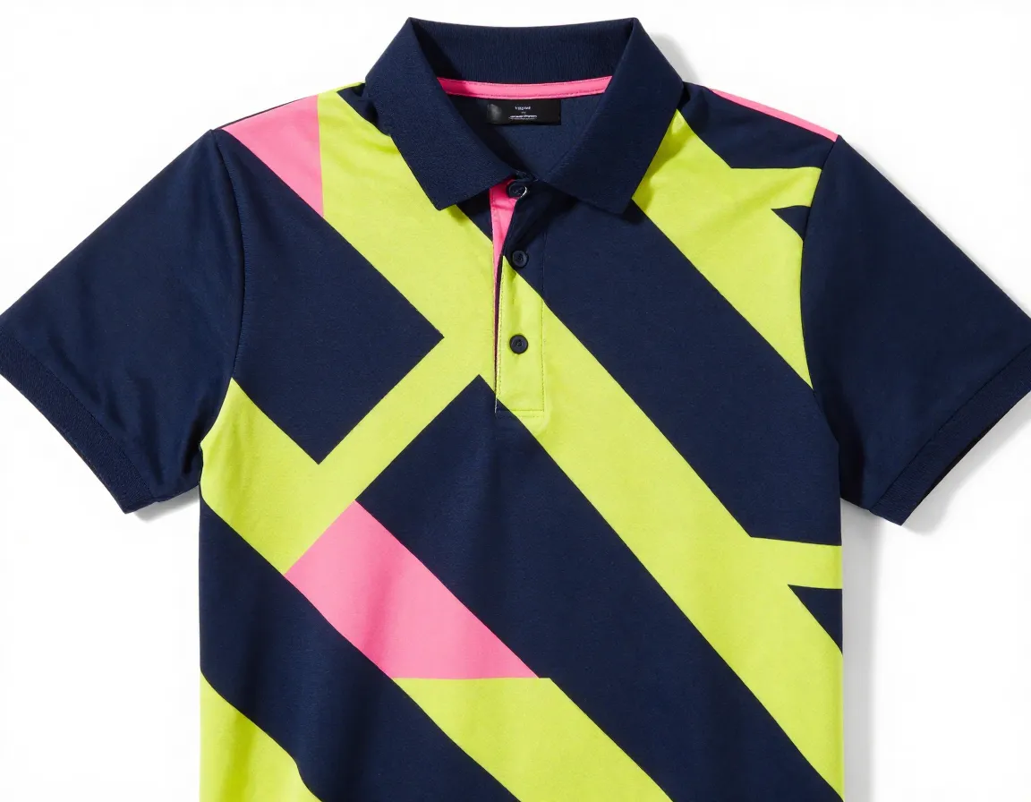 Navy geometric pattern polo sharp angular color blocks