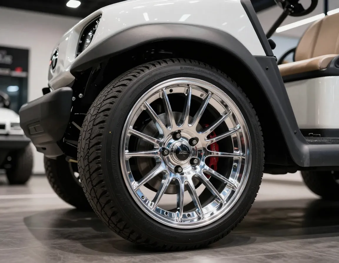 Custom machined vampire style wheels on a golf cart in a showroom