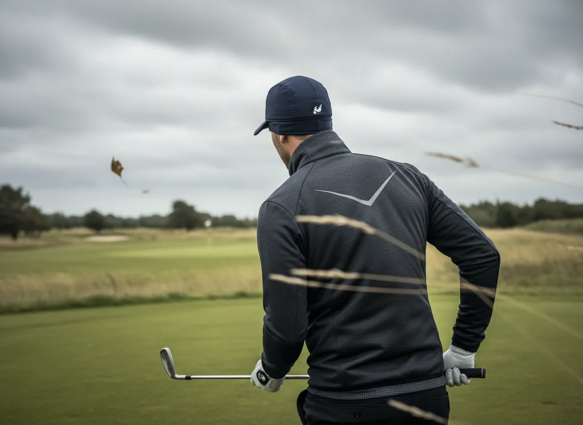 Golfer in wind resistant tight weave jacket and streamlined cap in gusty conditions