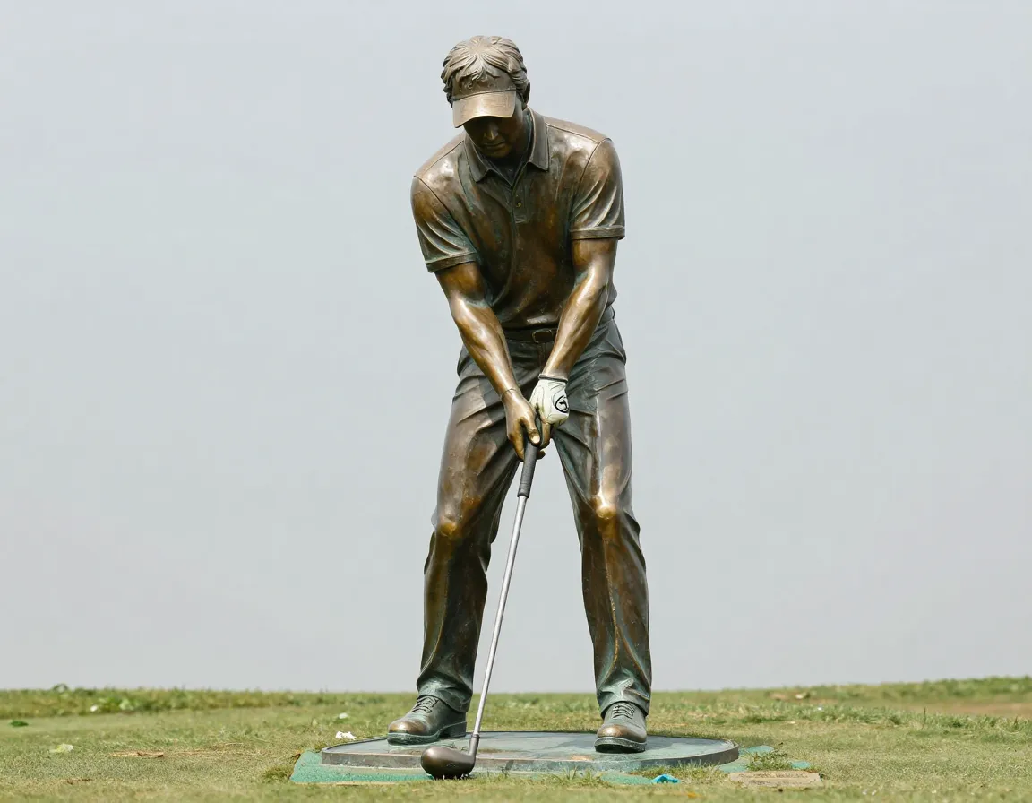 Teaching pro golf statue demonstrating perfect grip and stance
