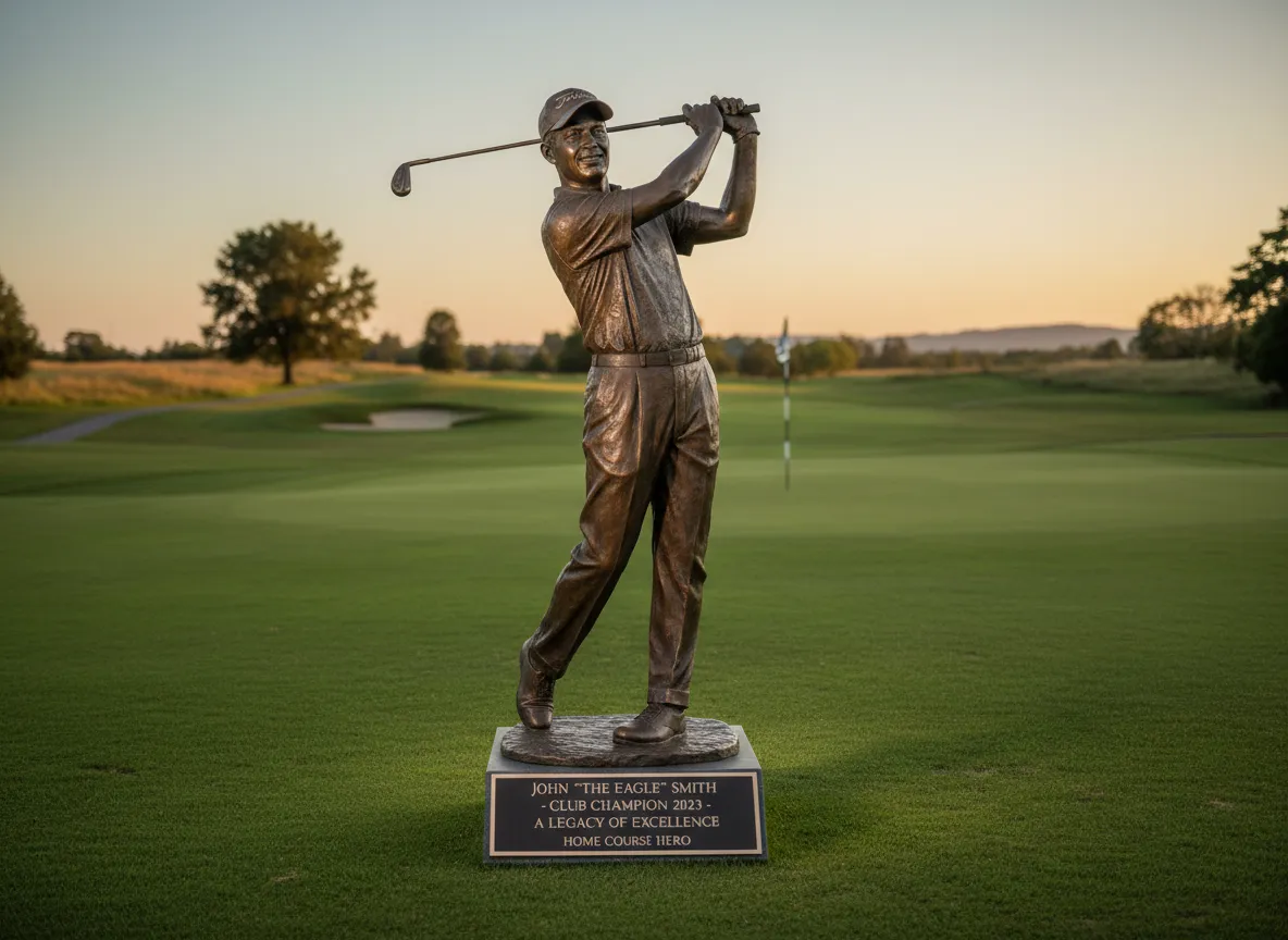 Custom champion golfer statue with personalized plaque on green