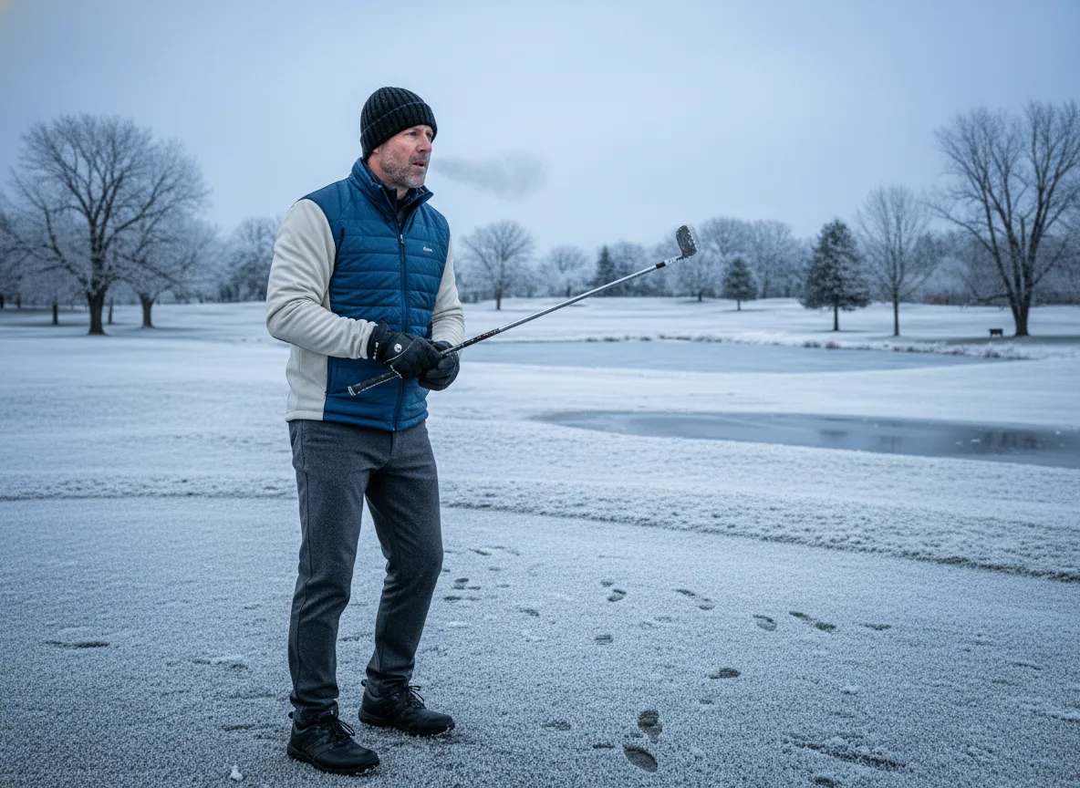 Golfer in thermal layers and fleece lined pants on frozen winter golf course