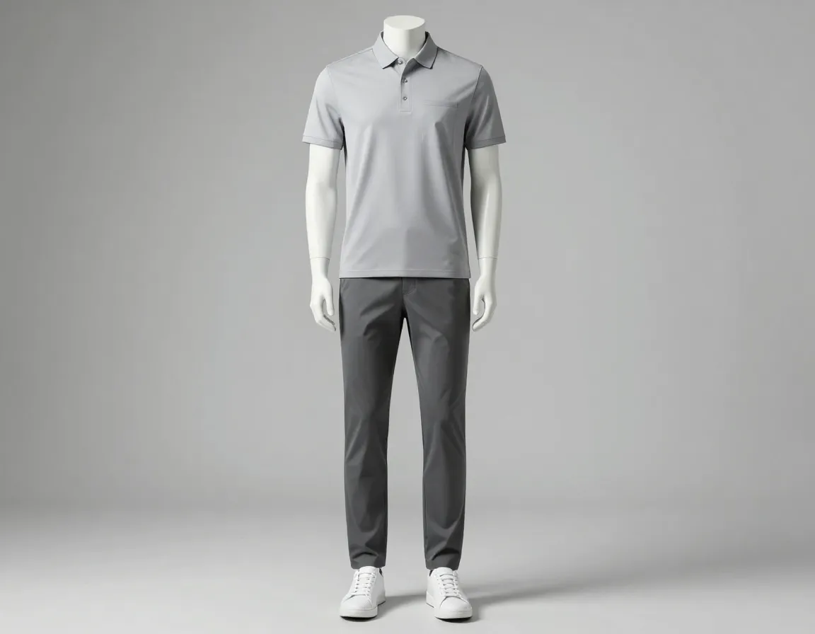 Minimalist performance polo paired with tapered neutral chinos for versatile casual wear