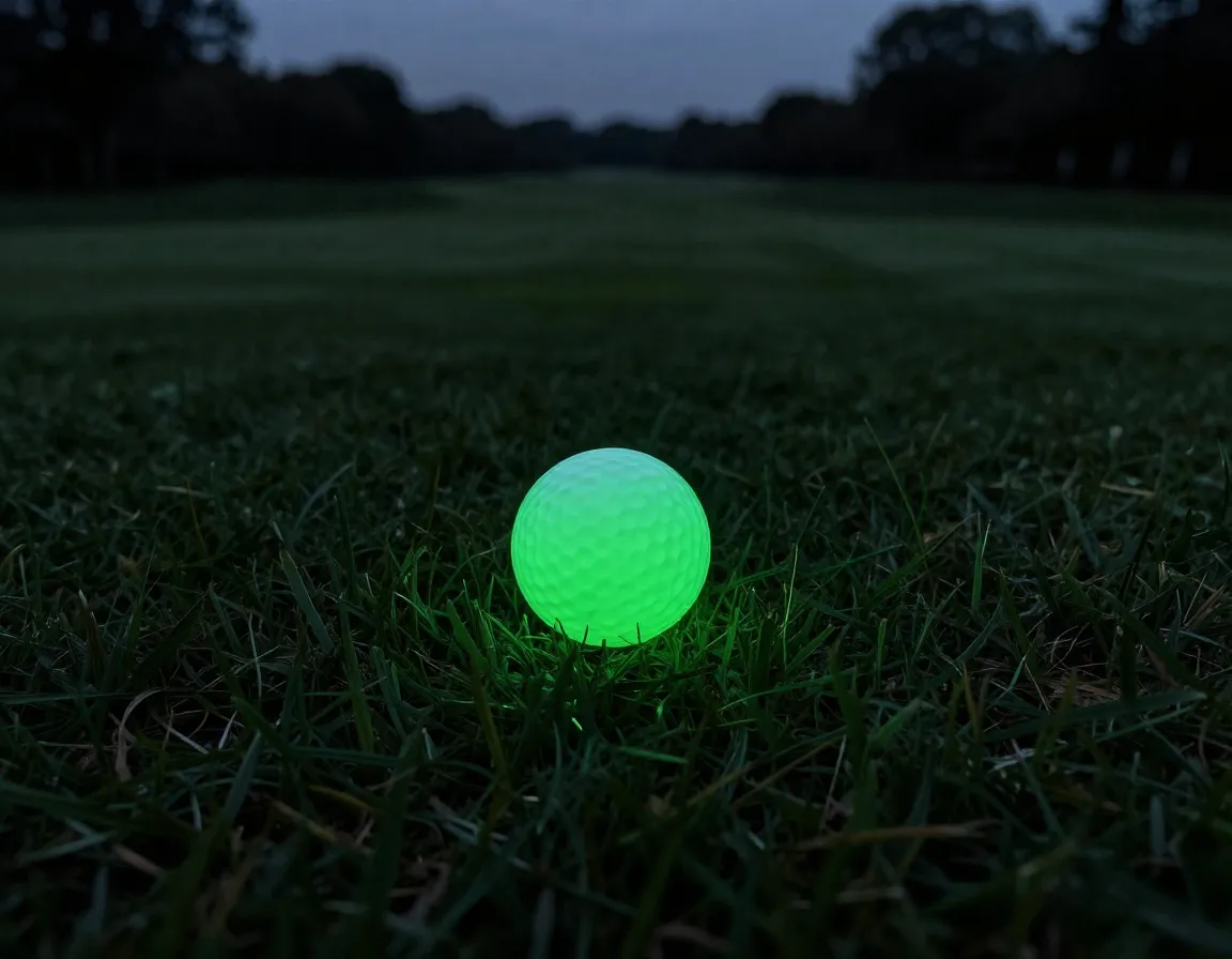Glow in the dark golf ball glowing on golf course at dusk