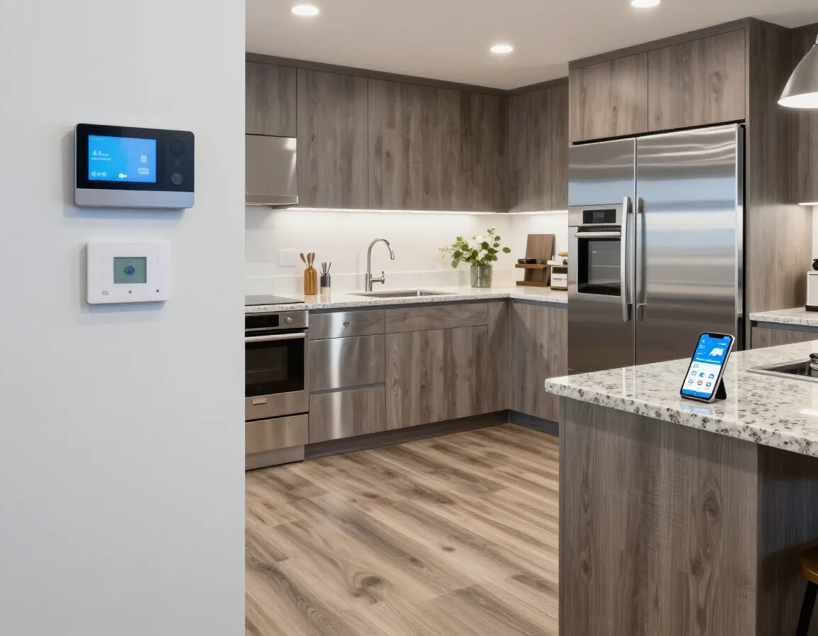 Modern kitchen with luxury vinyl plank and smart home features