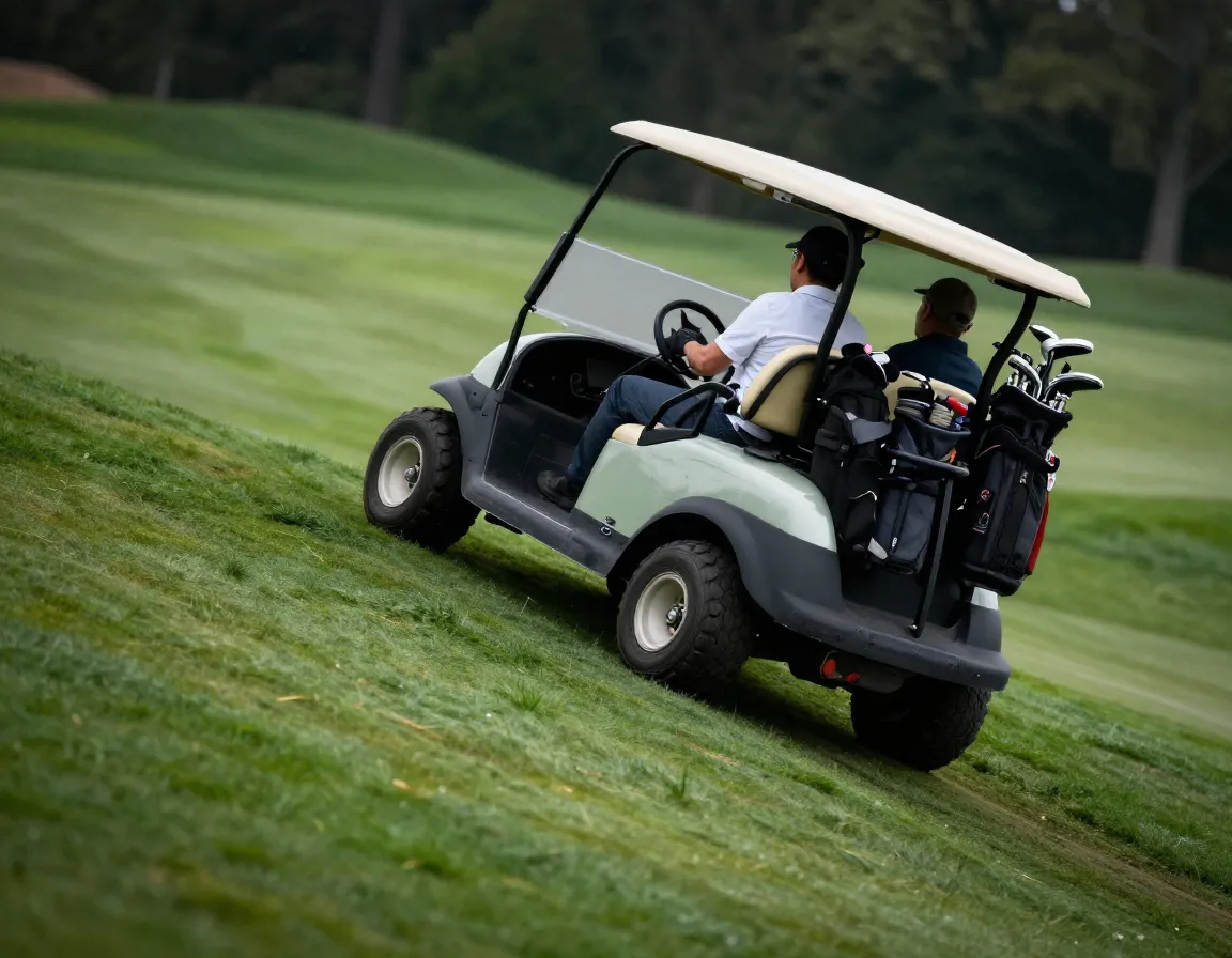 Rear wheel drive golf cart climbing a steep hill on a golf course
