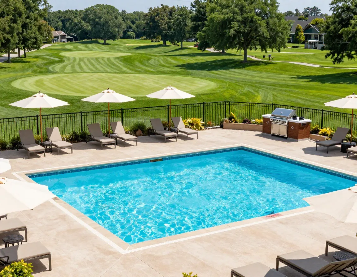 Resort style community pool with golf course backdrop