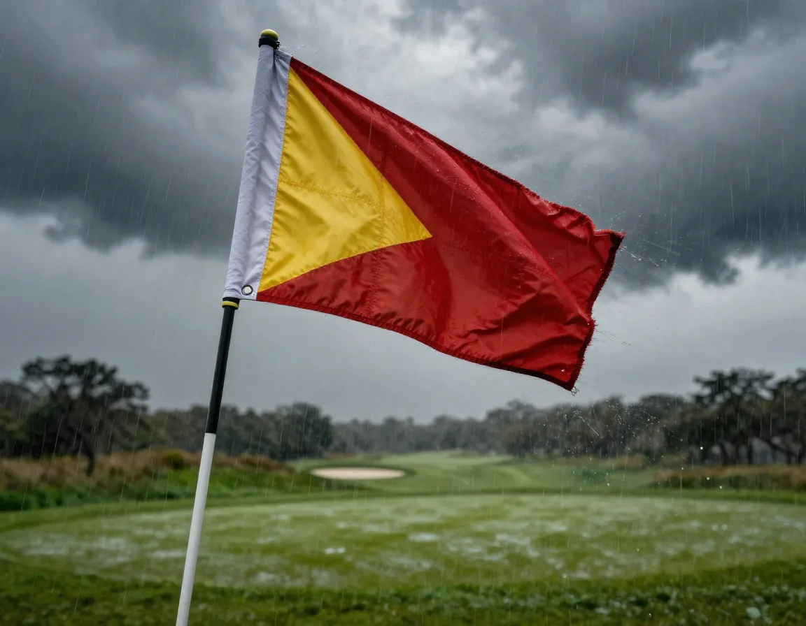 Durable weather resistant golf flag in stormy course conditions