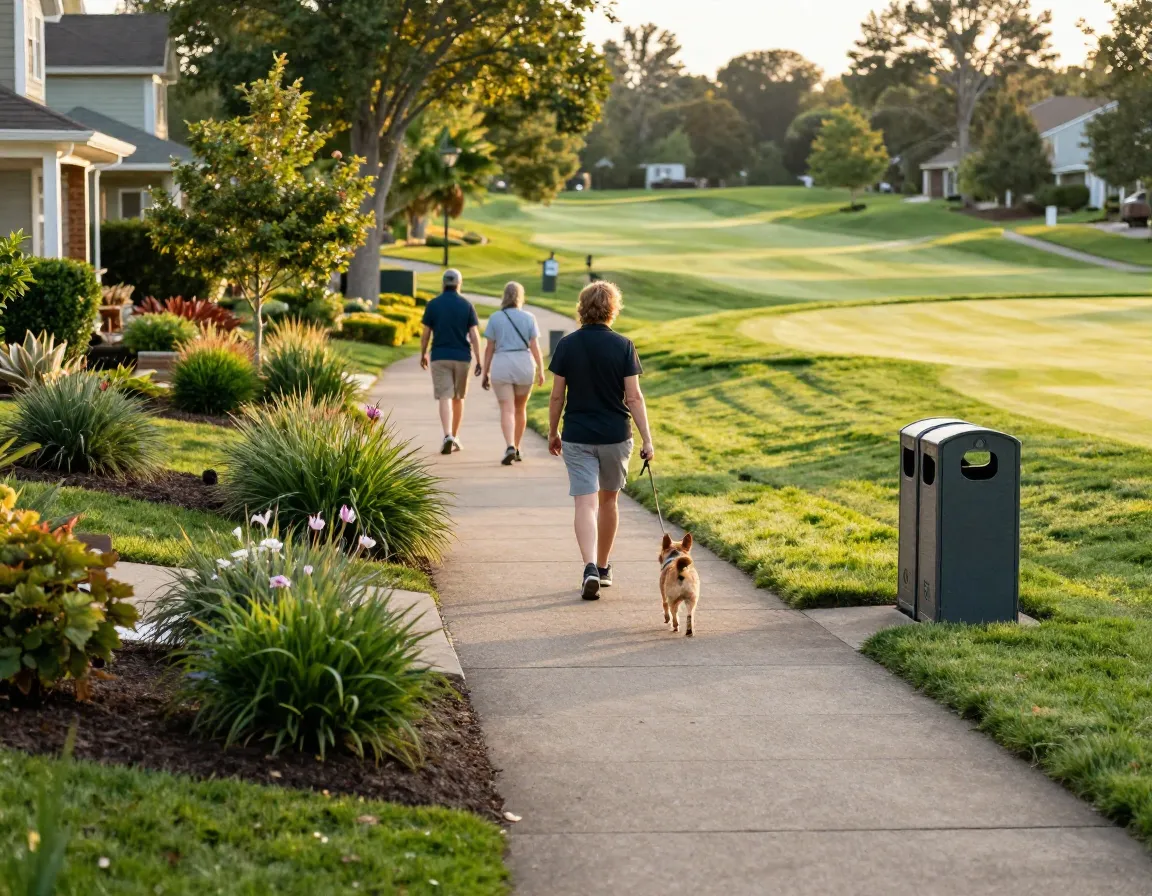 Person walking small dog on community trail near golf course