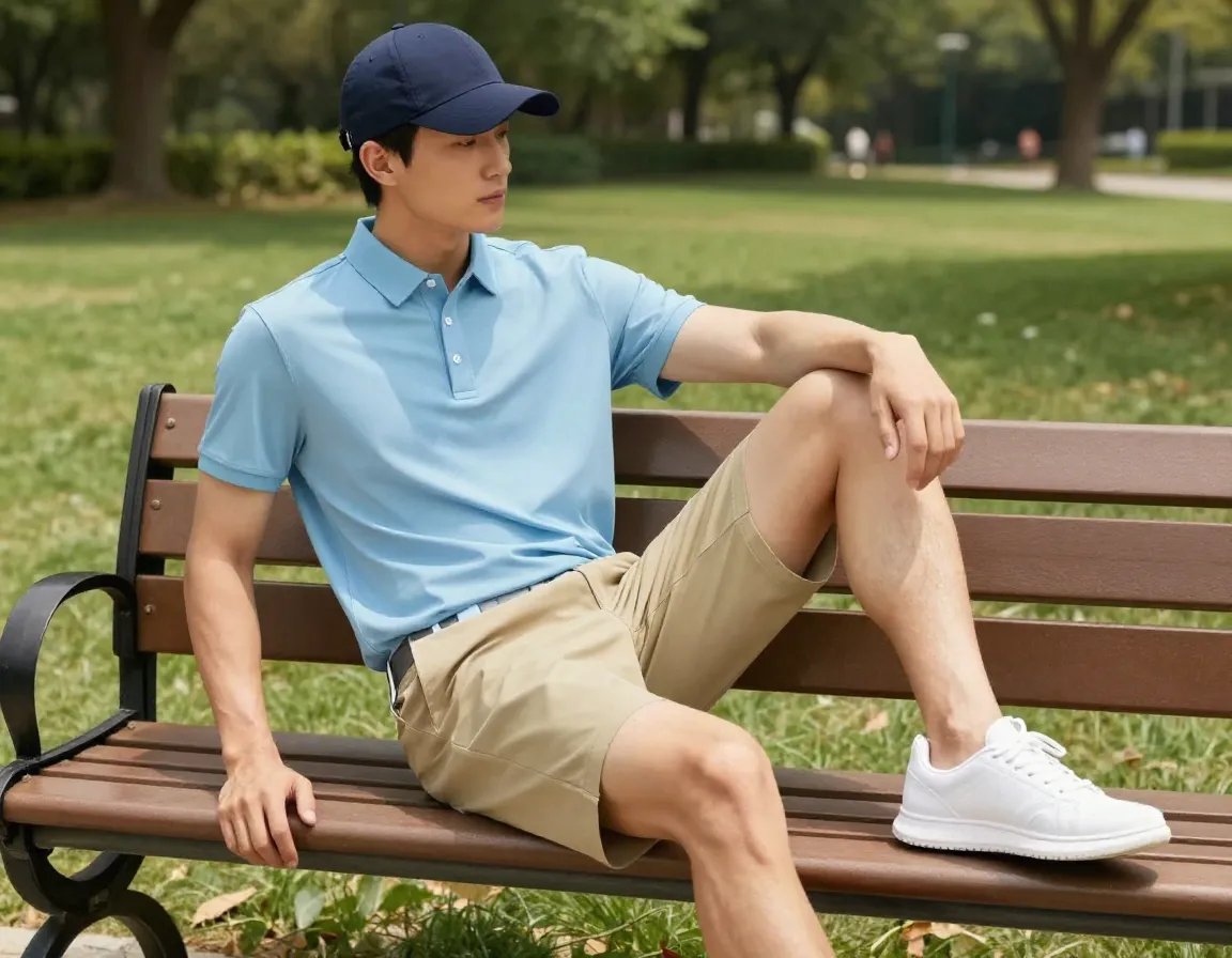 Weekend warrior outfit with breathable polo stretch shorts and sneakers