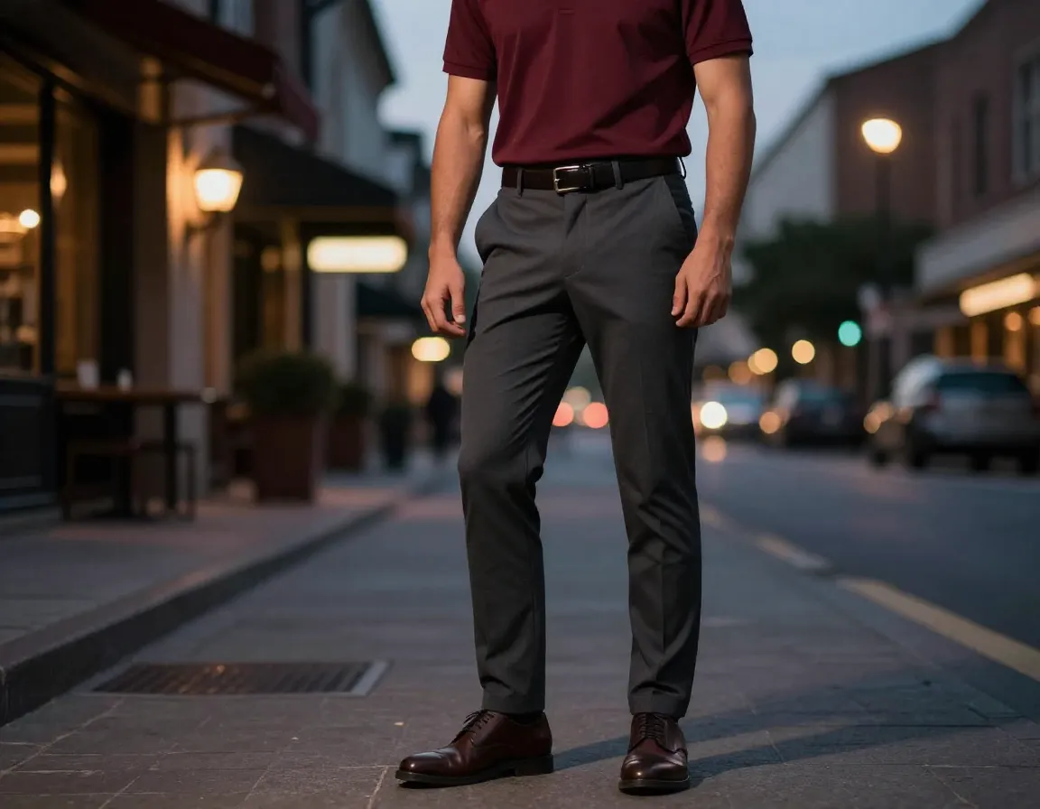 Date night golf look with dark polo slim trousers and leather shoes