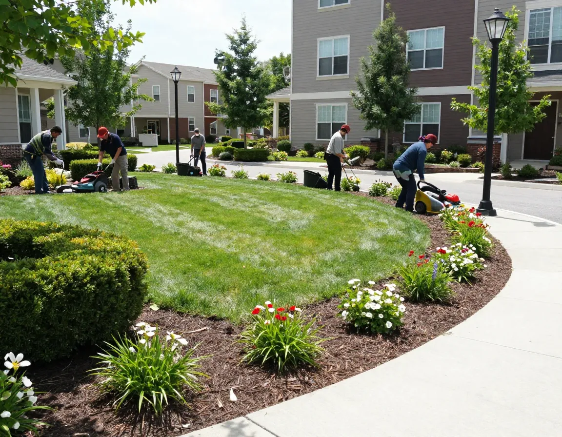 Well maintained community grounds with landscapers at work