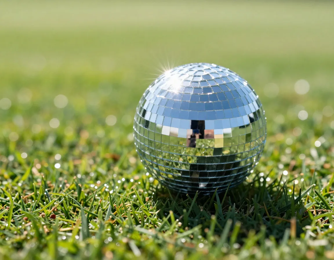 Mirror chrome golf ball reflecting sunlight on fairway