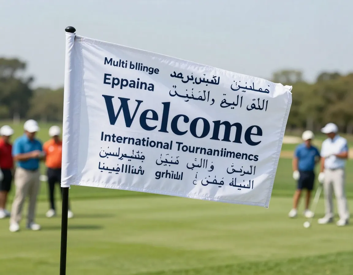 Multi language welcome golf flag for international tournament players