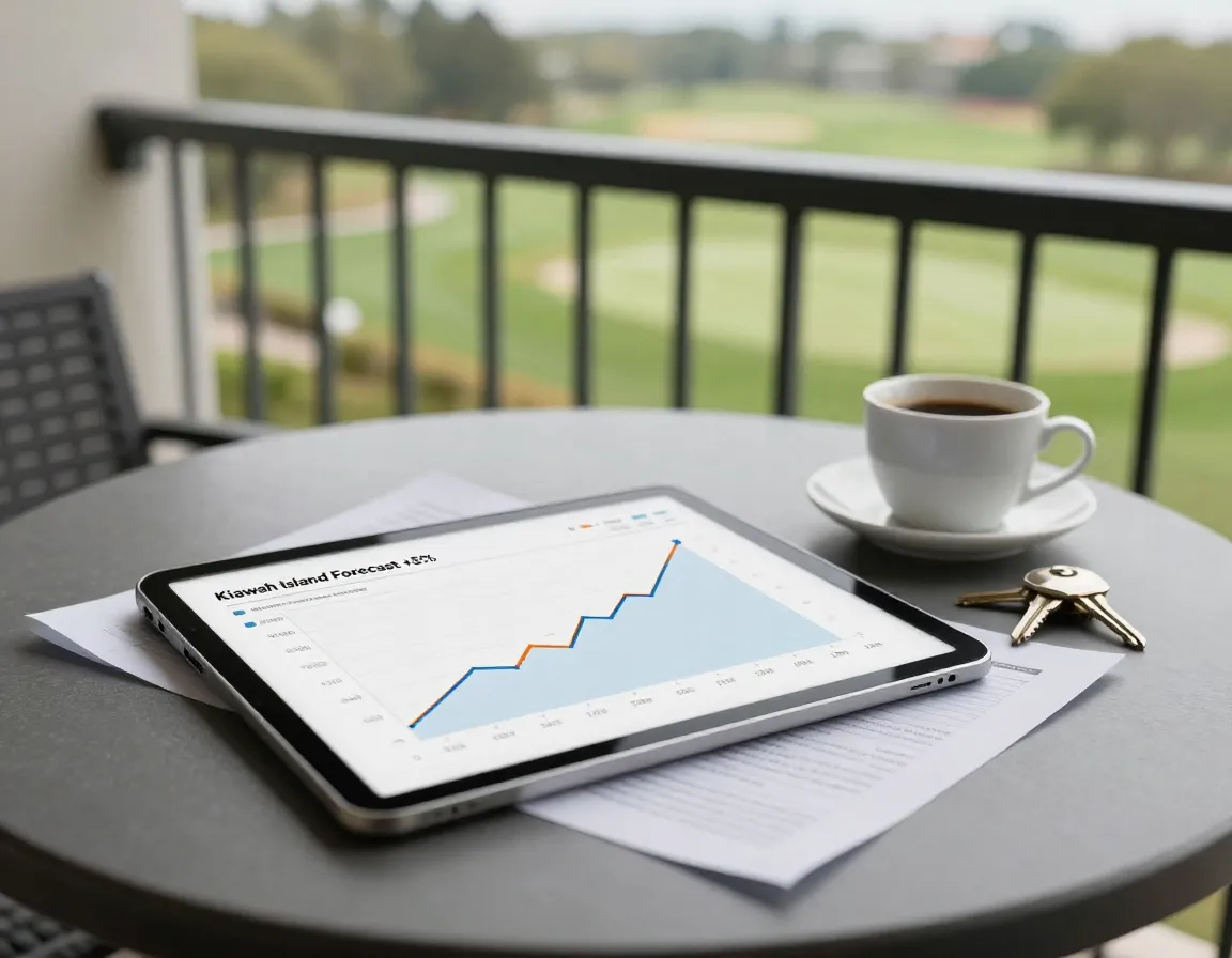 Real estate market chart next to golf view condo balcony