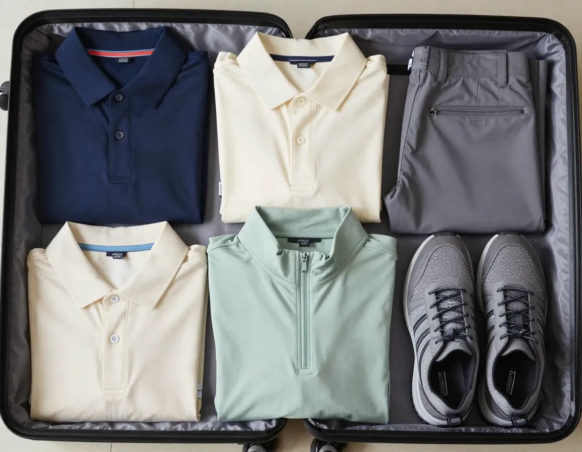 Travel ready combination with wrinkle resistant polo and versatile pants
