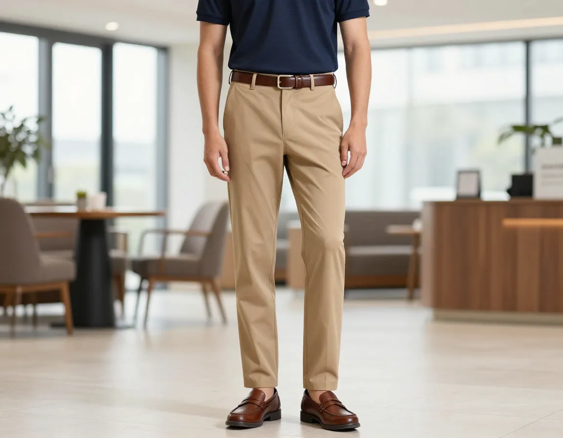 Business casual golf fusion with premium polo trousers leather belt