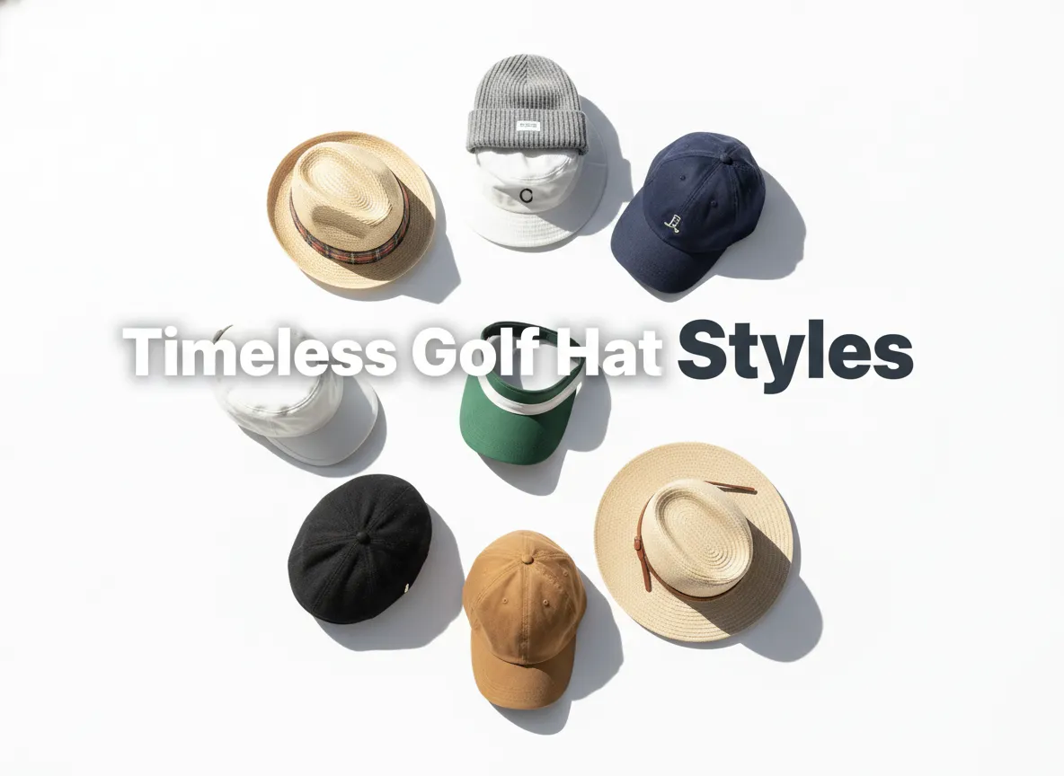 Eight classic golf hats flat lay top down view minimalist