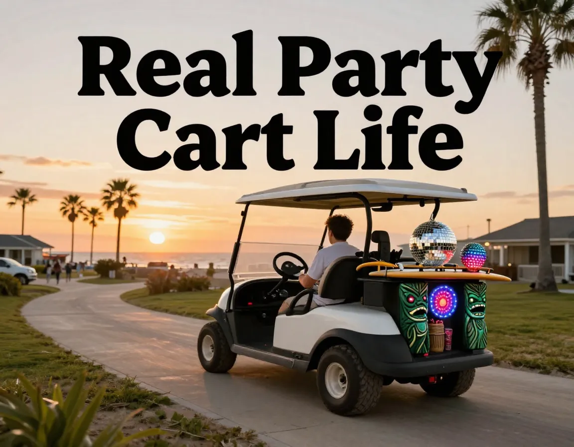 Hilarious golf cart disco tiki surfboard beach sunset fun