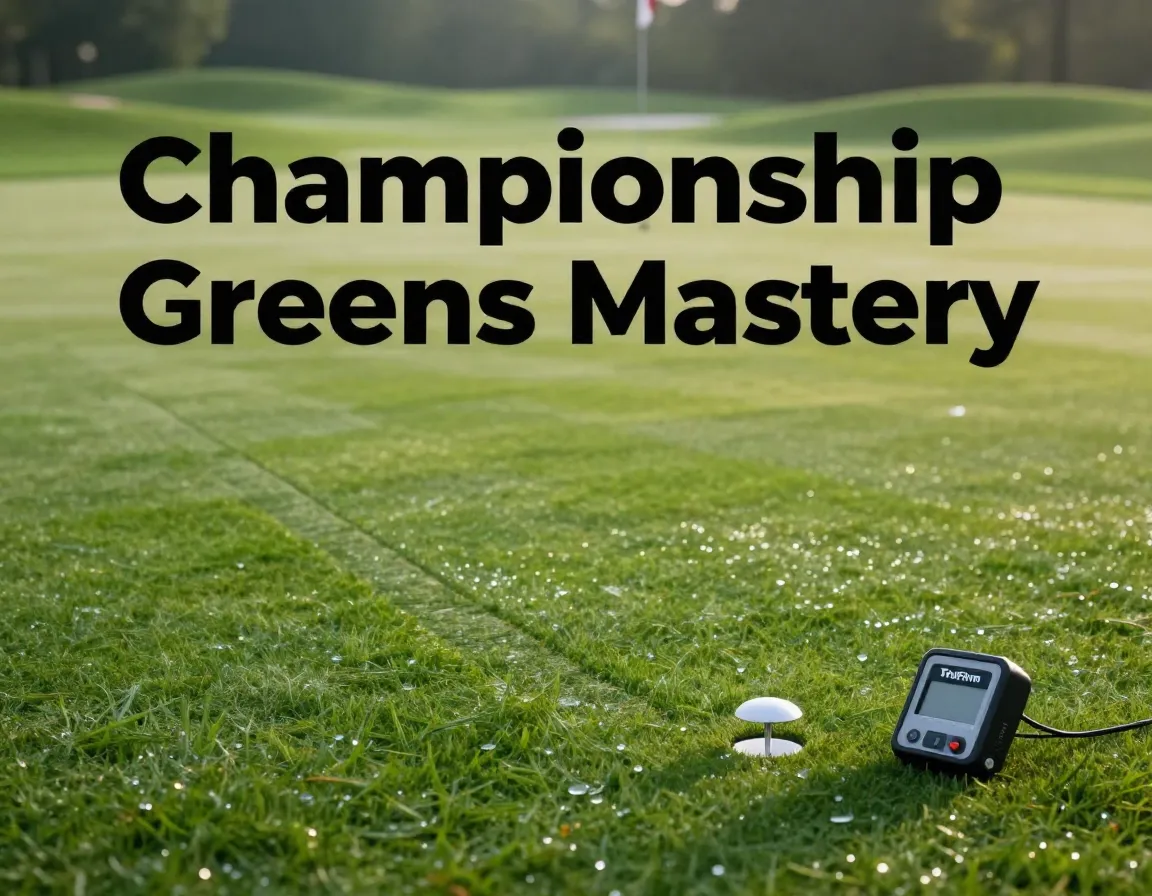 Morning dew on striped putting green with measuring tool