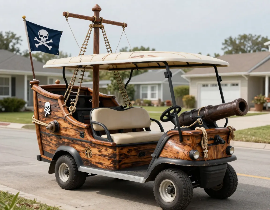 A pirate ship themed golf cart with nautical flags and weathered wood details