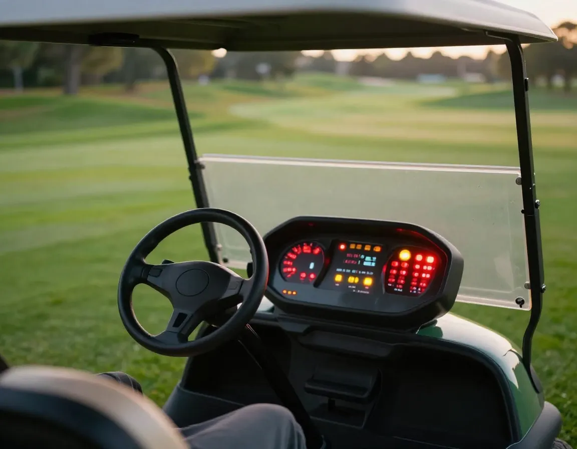 Golf cart with dashboard warning lights lit on open fairway