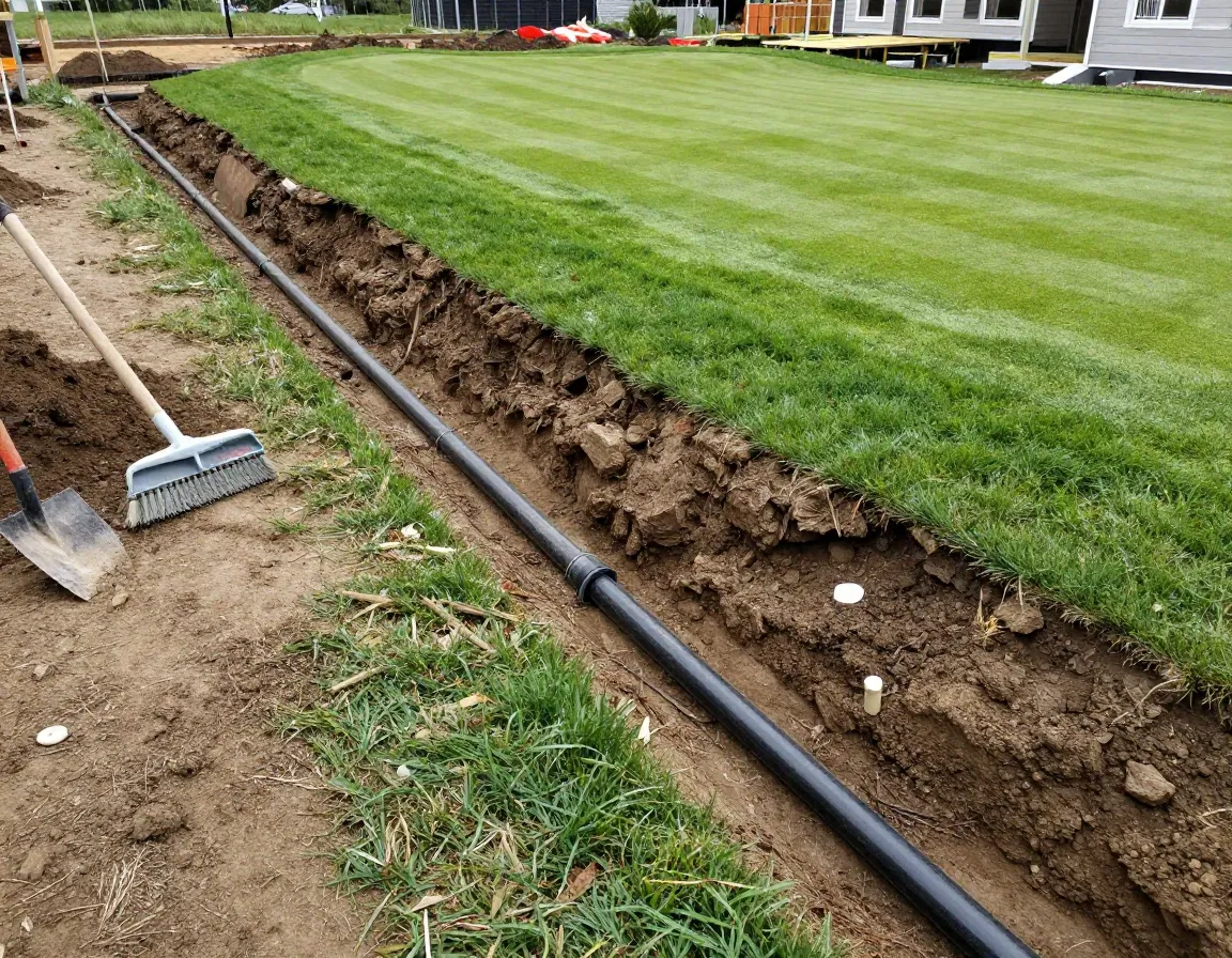 Golf green construction site with scalped turf and french drain system