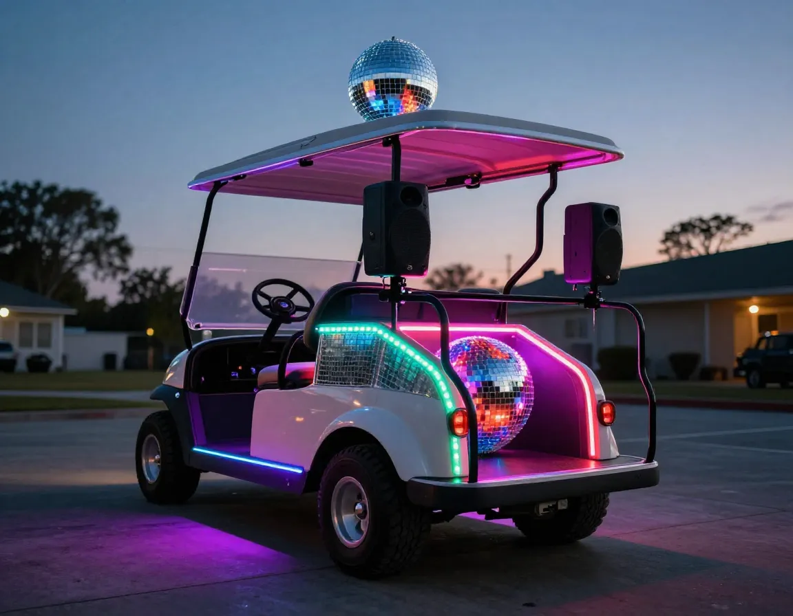 A mobile disco golf cart with mirror ball and led underglow lighting